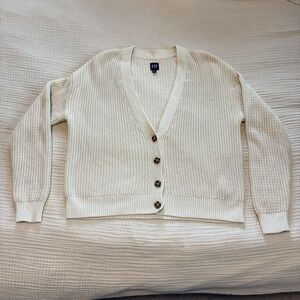 GAP Women's Cream Beige 100% Cotton V-Neck Button Up Knit Cardigan Sweater Small